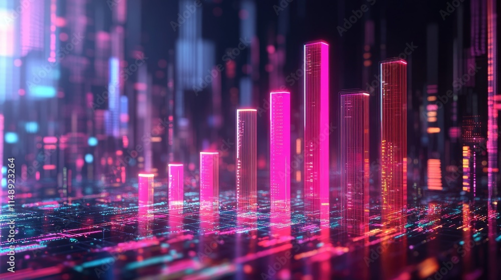 Poster abstract digital data visualization in vibrant neon colors representing statistical growth and techn