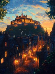 Naklejka premium Castle on the Hill: A majestic castle perched atop a hill, bathed in the warm glow of sunset, overlooks a quaint town below, evoking a sense of history, mystery, and wonder. 