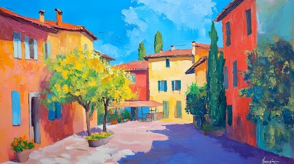 Acrylic painting of an Italian city in Lombardy, vibrant and airy scene
