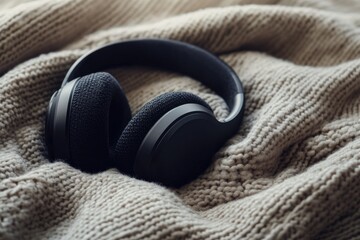 Black headphones resting on a cozy beige knitted sweater, evoking feelings of warmth and relaxation.