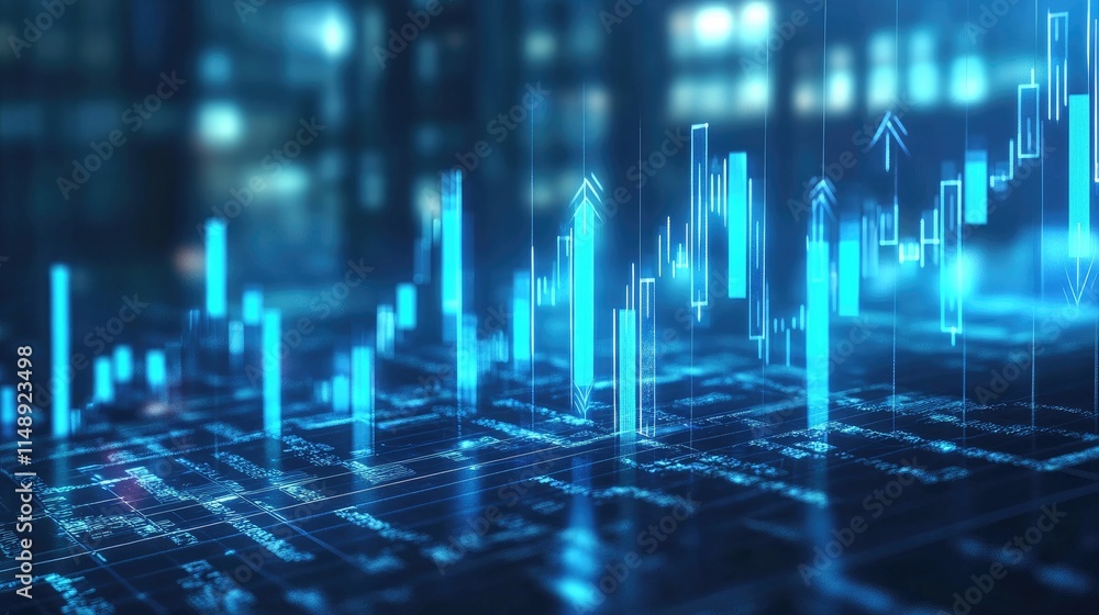 Poster futuristic financial data visualization with ascending graphs and digital elements representing econ
