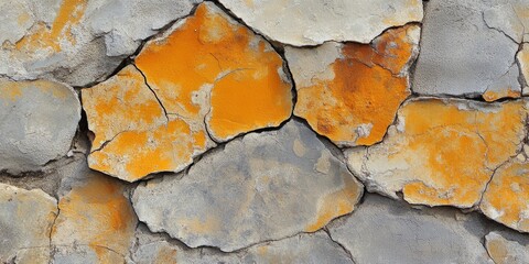 Cracked Grey and Orange Textured Wall with Natural Layers and Patterns
