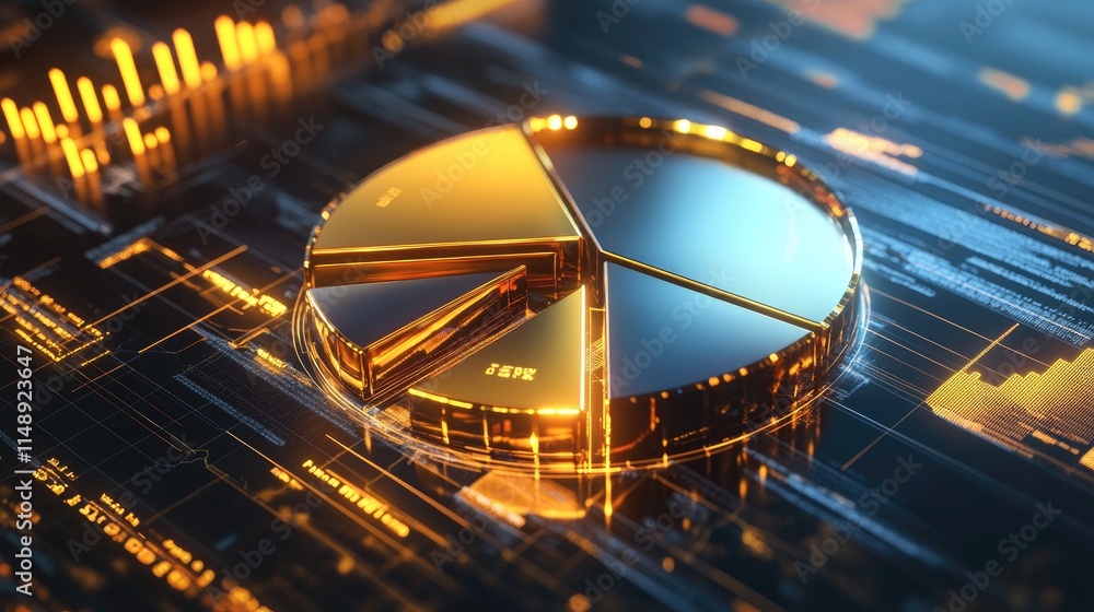 Poster golden pie chart on digital background with data visualization elements showcasing business analysis