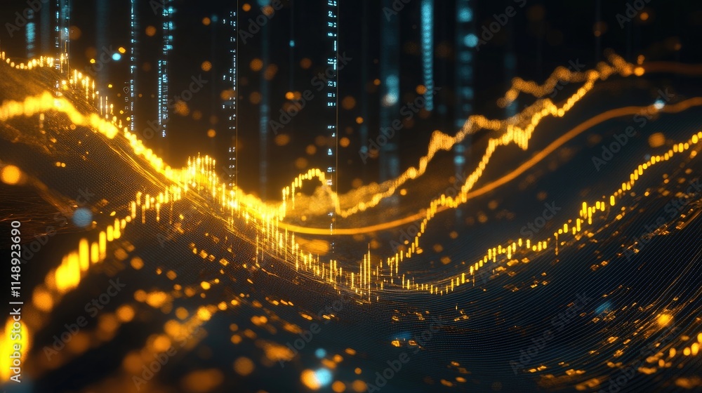 Poster futuristic abstract data visualization with bright golden waves and dots creating a dynamic flow of 