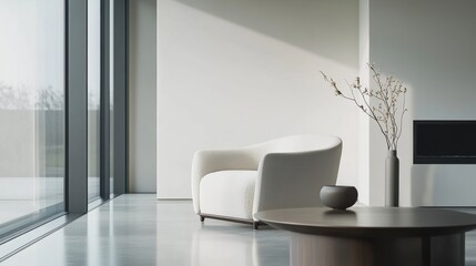 Fototapeta premium Modern minimalist lounge with sleek, uncluttered decor. Featuring clean lines and neutral hues