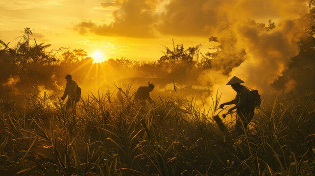 Workers handpicking Assam tea leaves at sunrise, the golden light adding warmth to the earthy tones,