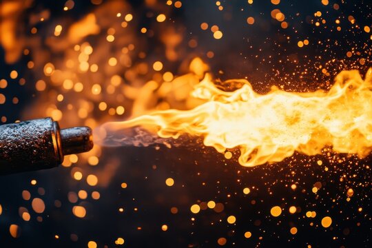 Detailed view of flames on a dark backdrop blowtorch fire close up