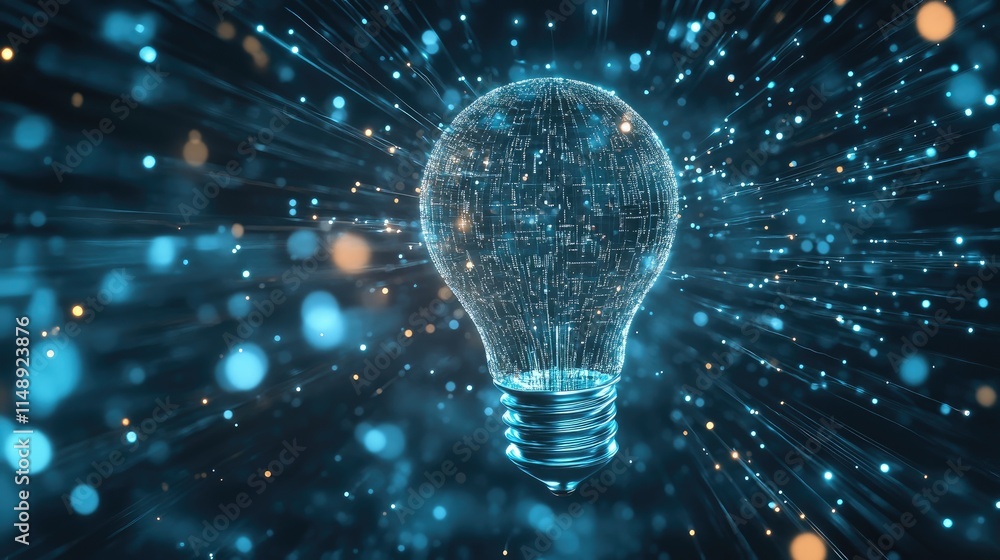 Poster futuristic light bulb with glowing particles and radiant beams creating a mesmerizing effect in a di