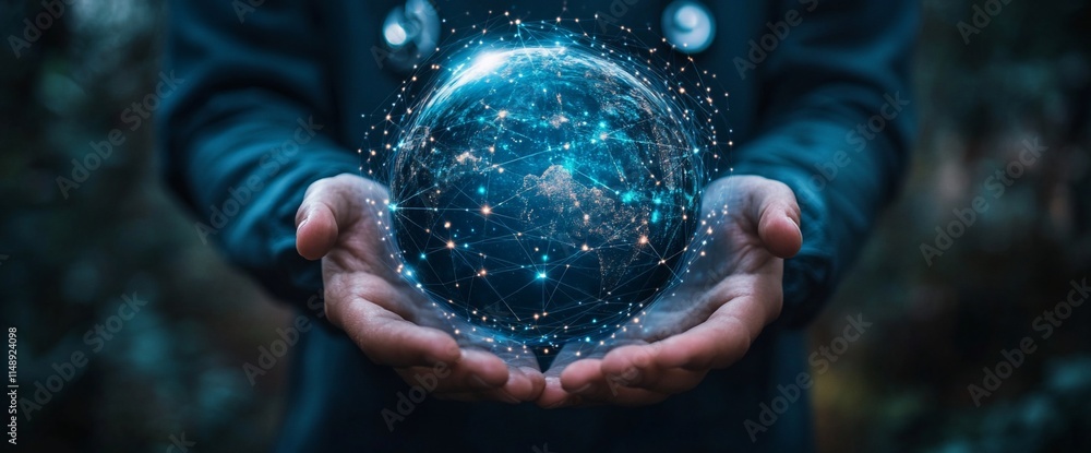 Poster hands holding a glowing globe with interconnected data points.