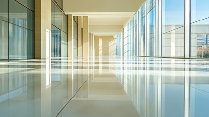 Obraz premium Modern Building Corridor With Glass Walls And Polished Floors