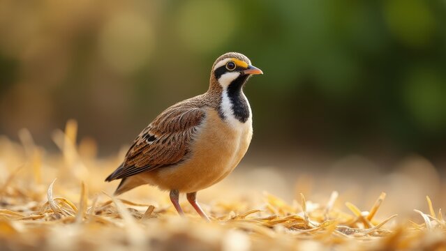 A photorealistic image of a live codornices standing on soft hay, with detailed brown, white, and black feather patterns, illuminated by natural daylight against a blurred farm background.