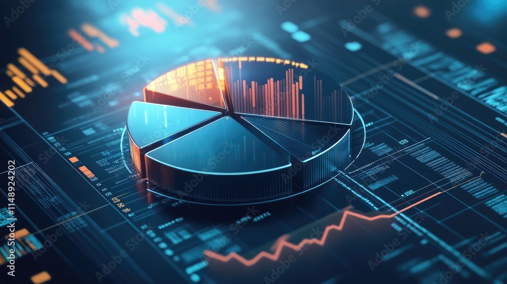 Poster futuristic data visualization with pie chart and analytics on digital interface, illustrating busine