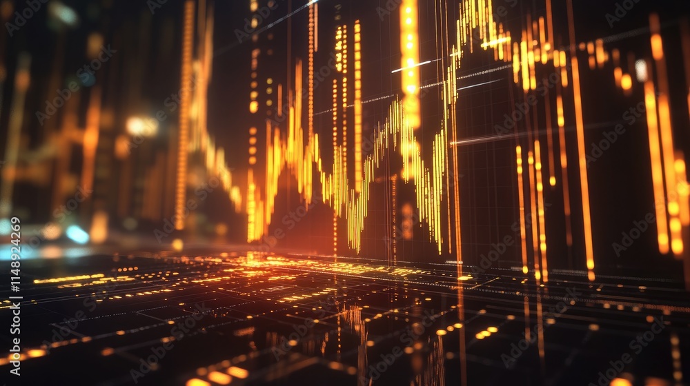 Poster abstract visualization of digital financial data with bright orange and yellow lines depicting stock