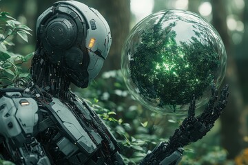 Robotic hands cradle a glowing green energy core in lush forest sci-fi scene nature high fidelity futuristic concept