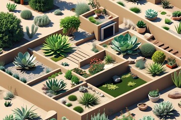 3D Isometric Xeriscape Design Featuring Drought-Resistant Plants and Sustainable Landscaping Techniques