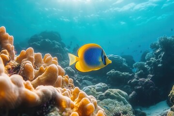 Fototapeta premium Diving moment at a coral reef with a yellowtail tang Zebrasoma xanthurum