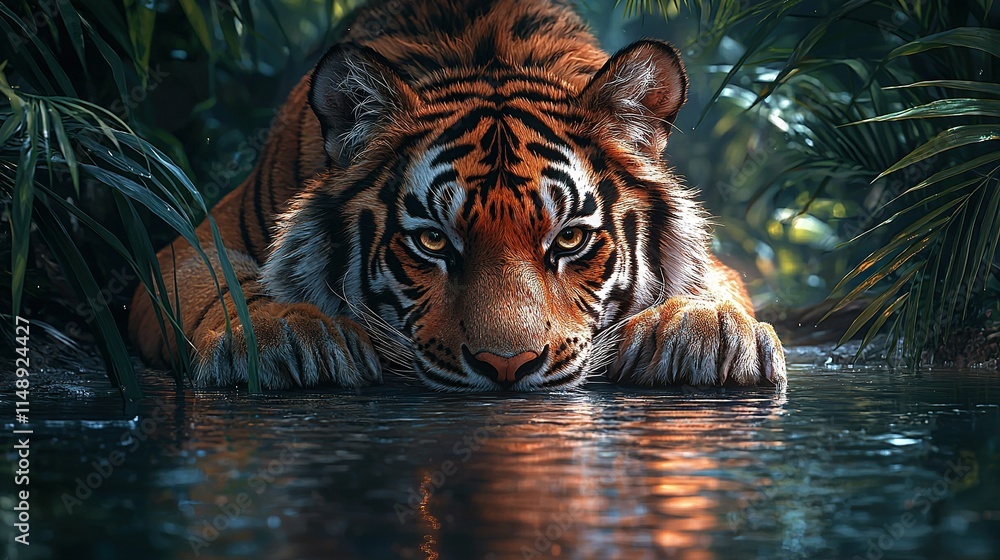 Poster a close-up of a tiger in a pond with trees as background and water in the foreground