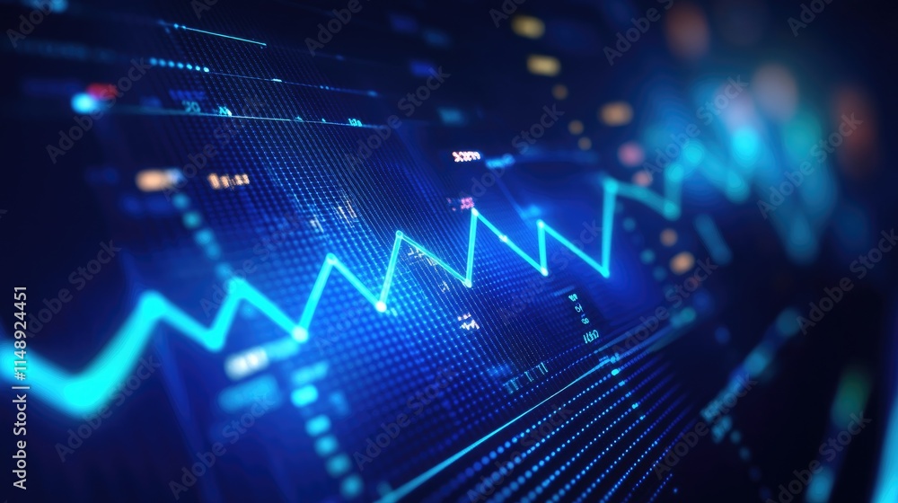 Poster abstract financial data visualization with blue graph lines on a dark background representing stock 