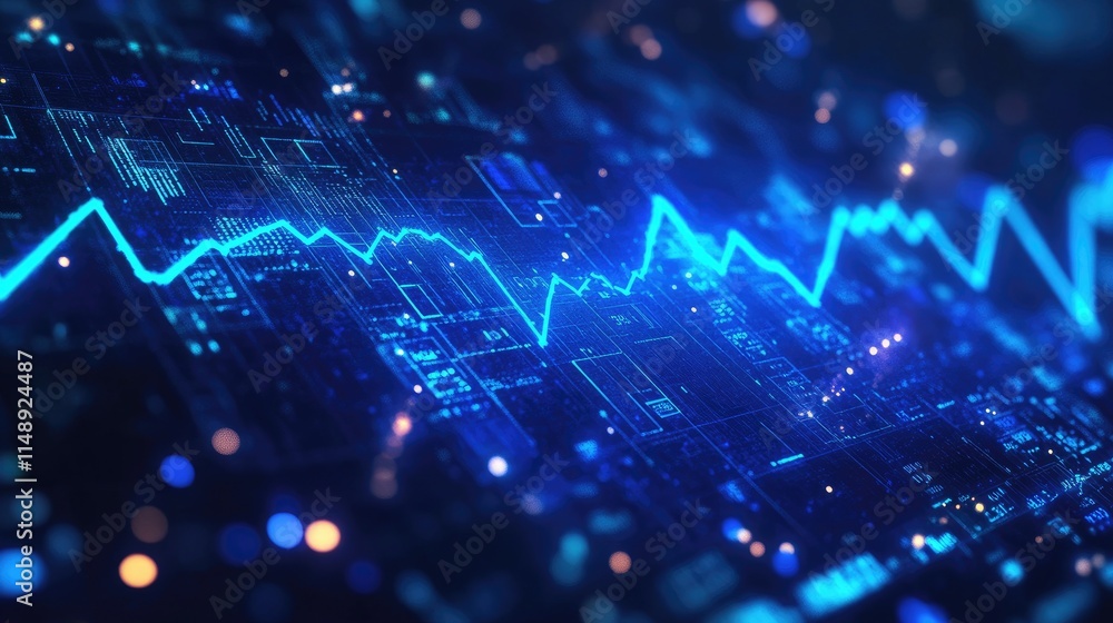 Poster abstract digital data visualization with bright blue lines and patterns representing data trends and
