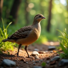A photorealistic image of a codornices, perched on hay in a farm setting, with warm daylight and intricate brown and beige feather details.