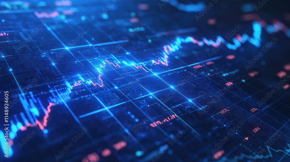 Poster abstract financial data visualization with blue and red lines, digital graphs, and illuminating back