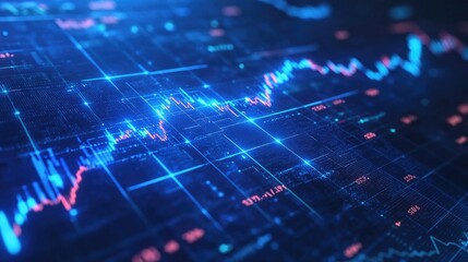 Abstract Financial Data Visualization with Blue and Red Lines, Digital Graphs, and Illuminating Background for Stock Market Analysis or Trading Concepts