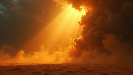 Fototapeta premium Scenic View of Sun Rays Shining Through Dusty Cloudy Sky at Sunset