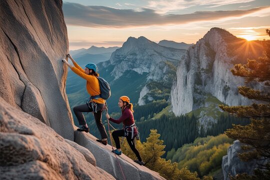 Family Adventure Climbing Together at Sunset in a Scenic Outdoor Setting