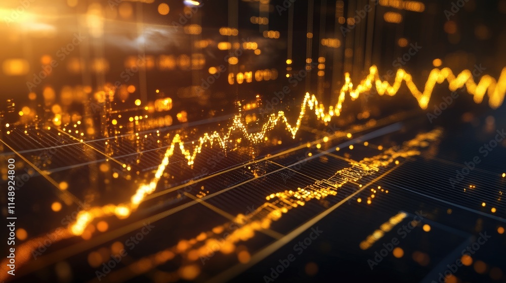 Poster dynamic stock market graph visualization with glowing golden lines representing financial trends and