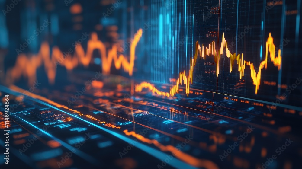 Poster abstract digital financial data visualization with fluctuating graphs and bright color patterns repr