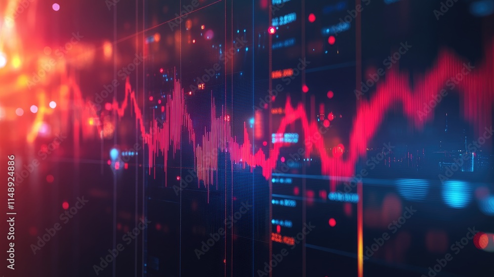 Poster abstract visualization of data trends with red and blue lines on a dark background representing fina