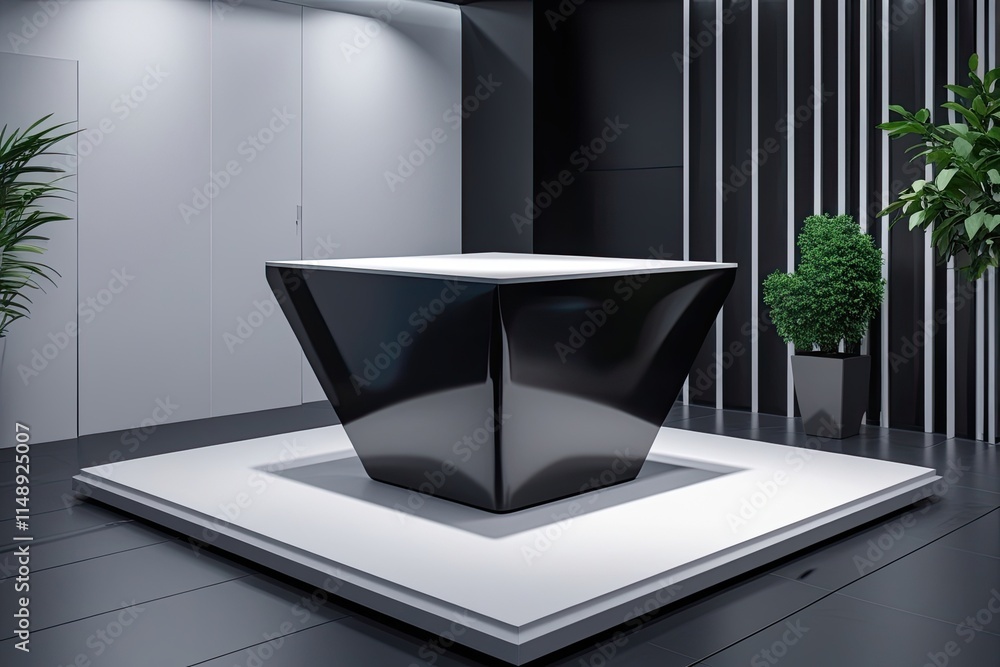 Poster modern 3d showcase black exhibition platform with angular base and elegant display table