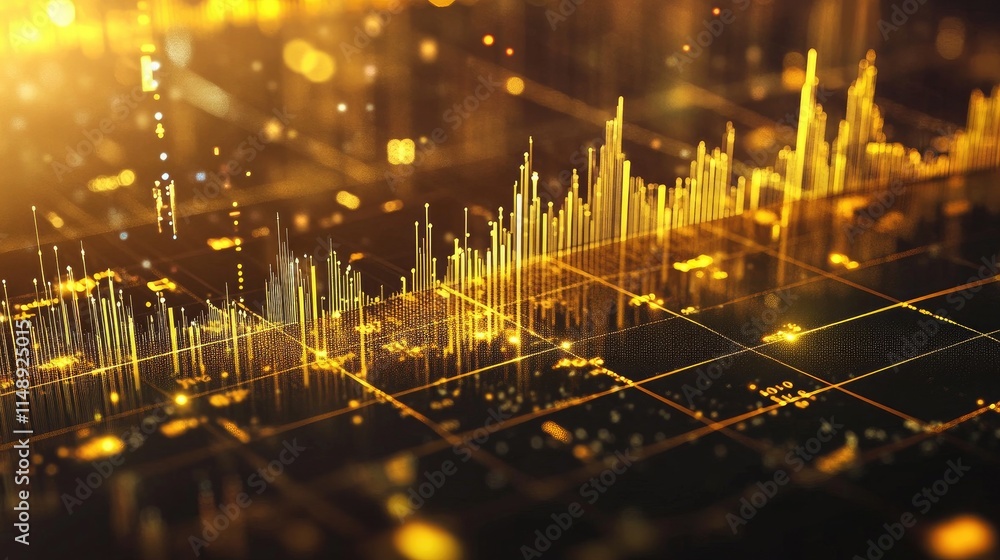 Poster abstract data visualization with glowing golden graphs and lines representing financial growth, inve