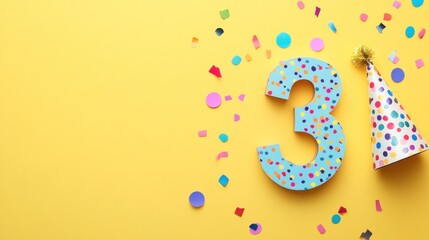 Festive third birthday background with number three, party hat, and confetti on yellow.