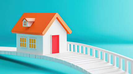 colorful 3D model of house with orange roof and red door, set against bright blue background, evokes sense of whimsy and creativity