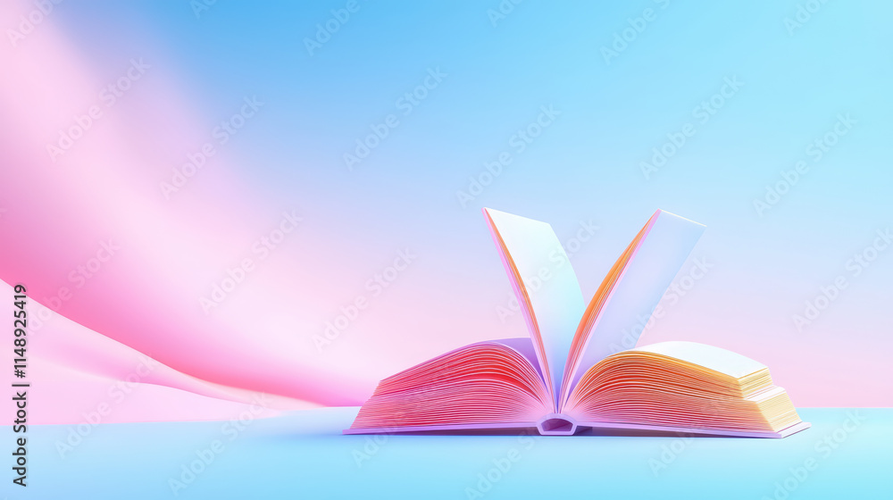 Poster vibrant open book with colorful pages against soft gradient background evokes sense of creativity an