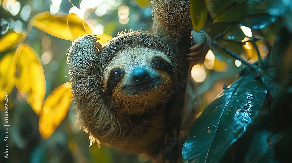 Poster a smiling sloth clinging to a branch with open eyes
