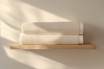 Two rolled beige towels neatly stacked on a light wooden shelf, bathed in sunlight.