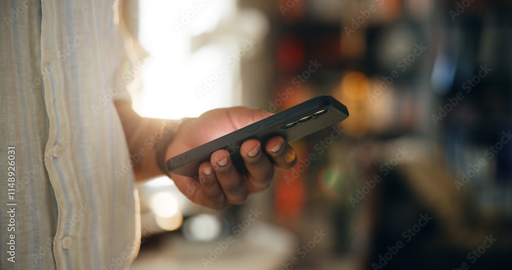 Poster Home, closeup and hands with smartphone for chat, online communication and connection with contact. Technology, person and cellphone for mobile application, social media and website for text message