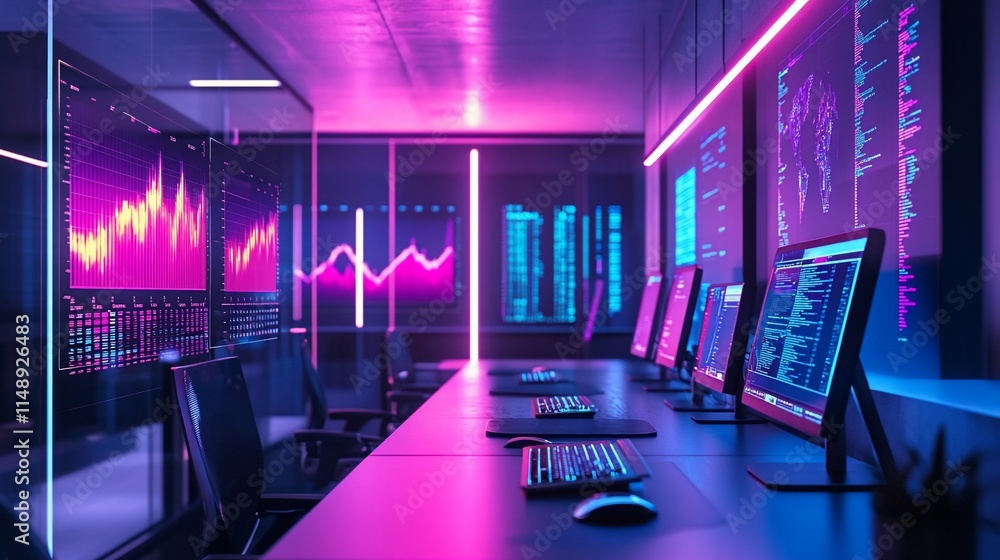 Poster modern tech workspace with vibrant lighting and data visualizations.