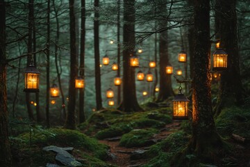 Enchanting green forest clearing with solar-powered lanterns tranquil nature scene mystical evening ambiance