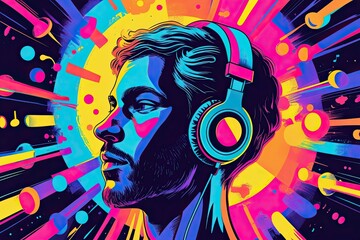 Colorful Music Artwork Featuring Headphones and Head in a Dynamic Soundscape