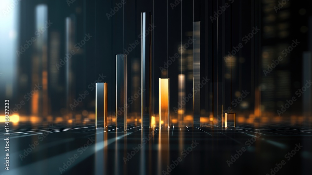 Poster modern abstract digital visualization of financial data with glowing bars rising in a futuristic cit