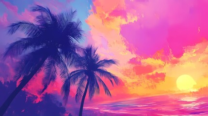 Abstract summer background with palm trees, sunset, and beach, creating a tropical vibe