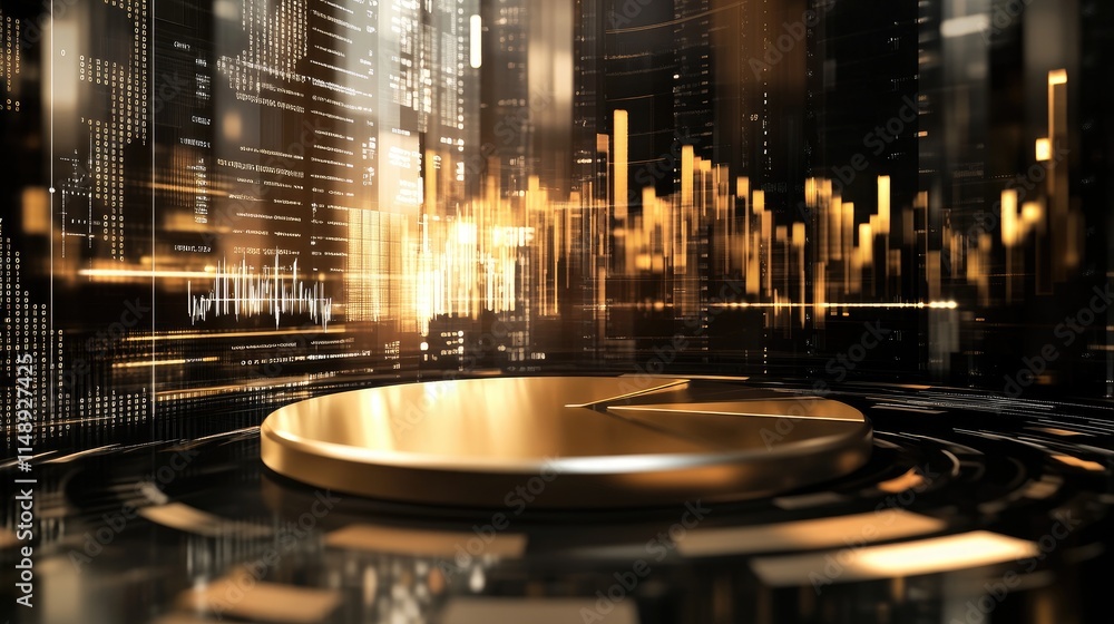 Poster abstract digital background featuring a pie chart and glowing graphs in a futuristic cityscape, illu