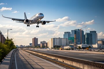 Twilight Airplane in Flight with Blurred Cityscape – Ideal for Travel, Aviation, or Business Themes.