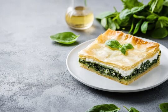 Feta and spinach Greek pie served on a white plate against a gray concrete backdrop Room for text