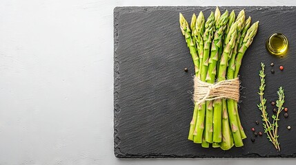   A platter of asparagus on a slate board with olive oil and a sprig of rosemary