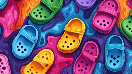 Trendy rubber colourful versatile summer unique leisure playful travel crocs stylish adventure comfortable collection comfort lifestyle. Threnody. Illustration