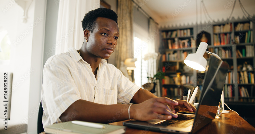Poster black man, e learning and typing on laptop, home and reading with studying, development and research